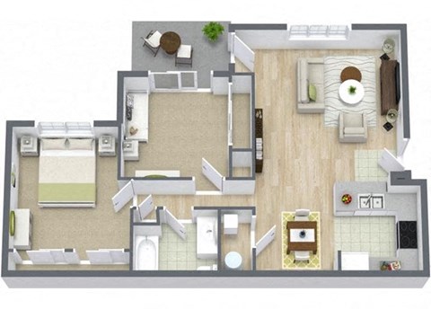 Floor plan for 2 beds, 1 bath, 834 sqft